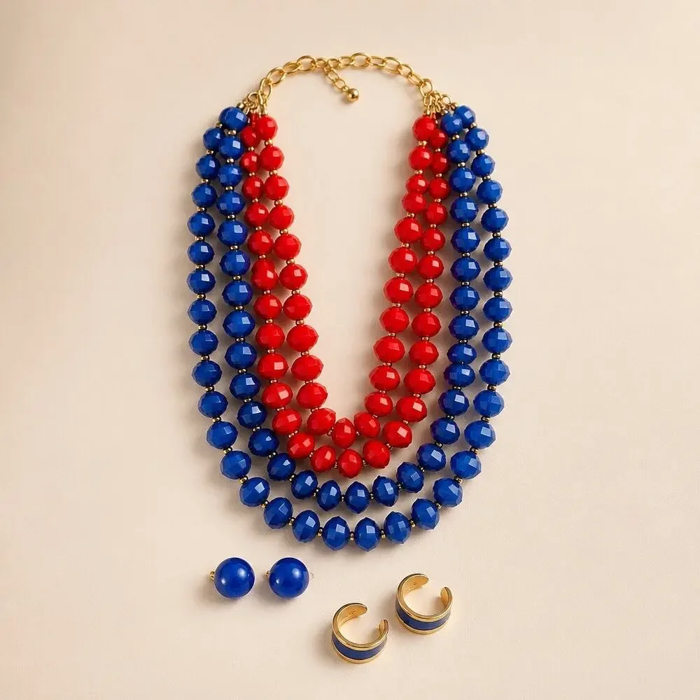 Retired Premier Design Royal Blue Red Beaded Multi-Row Necklace Dual Earring Set